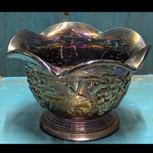 Black Iridescent Purple Glass Footed Bowl with Grape Design, Imperial Glass